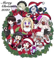  2020 6+girls :3 :d ahoge akamatsu_kaede alternate_costume bad_id bad_twitter_id bare_shoulders belt bikini black_belt black_gloves blonde_hair blue_hair bow box breasts brown_eyes brown_hair chabashira_tenko christmas cleavage commentary danganronpa_(series) danganronpa_v3:_killing_harmony dark-skinned_female dark_skin dildo dress elbow_gloves frills fur-trimmed_dress fur-trimmed_headwear fur_trim furukawa_(yomawari) gift gift_box gloves green_eyes hair_ornament hair_over_one_eye hair_scrunchie hands_up happy harukawa_maki hat highres holding holding_sack holding_sex_toy iruma_miu jacket jewelry large_breasts leaf leaf_print long_hair long_sleeves low_twintails maid_headdress merry_christmas mittens multiple_girls musical_note musical_note_hair_ornament navel necklace open_clothes open_jacket open_mouth outstretched_arms purple_eyes red_bow red_dress red_eyes red_headwear red_scrunchie sack santa_costume santa_dress santa_hat scrunchie sex_toy sharp_teeth shell shell_necklace shirogane_tsumugi short_hair simple_background skirt smile stomach swimsuit teeth tojo_kirumi twintails white_background white_bikini white_gloves white_skirt yonaga_angie yumeno_himiko 