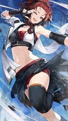  ;d armpits bare_shoulders black_gloves black_thighhighs breasts brown_eyes chixia_(wuthering_waves) crop_top female fingerless_gloves freckles gloves goomrrat hand_up leg_up looking_at_viewer medium_breasts medium_hair midriff miniskirt nail_polish navel one_eye_closed open_mouth outstretched_arm ponytail red_hair red_nails red_skirt sarashi shirt single_sleeve single_thighhigh skirt smile solo stomach tacet_mark_(wuthering_waves) thighhighs white_shirt wuthering_waves 