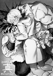  1boy abs anger_vein angry armor bare_pectorals berserker_rage bodysuit boots broly_(dragon_ball_super) cheelai coat comforting damaged dragon_ball dragon_ball_super dragon_ball_super_broly female fingernails furious greyscale hand_on_own_face height_difference hug jacket kneeling monochrome muscular open_mouth pectorals scar scar_on_cheek scar_on_face shin_(sinsin12121) short_hair simple_background smile spiked_hair topless_male white_background wristband 