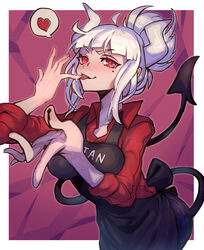  apron black_apron blush chocolate_on_hand closed_mouth cowboy_shot demon_girl demon_horns demon_tail denim female food_on_hand foreshortening from_above heart helltaker highres horns jeans licking long_hair long_tail looking_at_viewer lucifer_(helltaker) mole mole_under_eye nijimaarc pants ponytail red_background red_eyes red_shirt shirt smile solo spoken_heart tail white_hair 