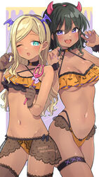  2girls animal_print aqua_eyes bat_print black_choker black_gloves black_hair black_legwear blonde_hair bow bow_panties bra breasts bridal_garter choker claw_pose commentary_request criss-cross_halter dark-skinned_female dark_skin demon_horns demon_wings english_text fake_head_wings fake_horns fangs frilled_bra frilled_legwear frills fur_cuffs gloves groin halloween halloween_costume halterneck happy_halloween headband highleg highleg_panties highres holding horns idolmaster idolmaster_cinderella_girls layla_(idolmaster) lingerie long_hair looking_at_viewer medium_breasts multi-strapped_panties multiple_girls nail_polish natalia_(idolmaster) navel one_eye_closed open_mouth orange_bra orange_panties panties pitchfork purple_eyes purple_nails short_hair side-by-side skindentation small_breasts smile standing swept_bangs thighhighs trente twitter_username underwear wings 