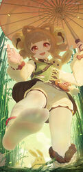  bamboo bamboo_forest bell brown_hair feet female foot_focus forest genshin_impact highres holding holding_umbrella icecake looking_at_viewer nature no_shoes open_mouth outdoors pantyhose red_eyes shoes single_shoe soles solo teeth toes umbrella upper_teeth_only white_pantyhose yaoyao_(genshin_impact) yuegui_(genshin_impact) 