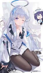  1boy 2girls blue_archive blurry blurry_background blush border breasts brown_pantyhose cleavage closed_mouth commentary crotch_grab doodle_sensei_(blue_archive) english_text finger_to_mouth hair_ornament halo highres jacket long_hair long_sleeves mechanical_halo medium_breasts multiple_girls no_shoes noa_(blue_archive) one_eye_closed open_mouth pantyhose pleated_skirt purple_eyes purple_hair see-through see-through_legwear sensei_(blue_archive) serika shirt shushing sitting skirt smile solo_focus spoken_character thighs twintails white_border white_hair white_jacket white_shirt white_skirt yokozuwari yuuka_(blue_archive) 