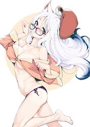  :3 absurdres animal_ear_fluff animal_ears ataruman bakemonogatari bakeneko bare_shoulders black_hanekawa black_panties blue_hair breasts cat_ears cat_girl cleavage covered_nipples feet female glasses gradient_hair hanekawa_tsubasa hat highres large_breasts lingerie long_hair looking_at_viewer monogatari_(series) multicolored_eyes multicolored_hair no_bra no_pants oerba_yun_fang open_clothes open_shirt pajamas panties paw_pose purple_eyes slit_pupils smile solo string_panties transformation underwear white_hair yellow_eyes 