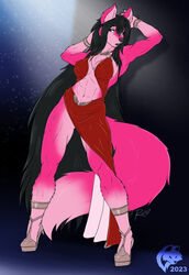  2023 abs anklet anthro athletic athletic_anthro athletic_female black_hair black_nose bracelet breasts canid canine canis chest_tuft clothed clothing daphne_dress digital_media_(artwork) dress female flat_colors footwear fur ghostwolf hair high_heels jewelry long_hair looking_at_viewer mammal navel pink_body pink_fur red_clothing red_dress selenica_rae signature solo standing tuft wolf 