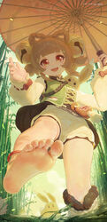  anklet bamboo bamboo_forest barefoot bell brown_hair feet female foot_focus forest genshin_impact highres holding holding_umbrella icecake jewelry looking_at_viewer nature open_mouth outdoors red_eyes shoes single_shoe soles solo teeth toes umbrella upper_teeth_only yaoyao_(genshin_impact) yuegui_(genshin_impact) 