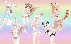  6+girls absurdres animal_ears bikini bird_girl bird_tail bird_wings cat_ears cat_girl cat_tail chipmunk_ears chipmunk_girl chipmunk_tail common_gull_(kemono_friends) extra_ears giant_panda_(kemono_friends) head_wings highres kemono_friends kemono_friends_3 kuromitsu_(9633_kmfr) long_hair mountain_hare_(kemono_friends) multiple_girls one-piece_swimsuit panda_ears panda_girl panda_tail rabbit_ears rabbit_girl rabbit_tail sarong serval_(kemono_friends) short_hair siberian_chipmunk_(kemono_friends) simple_background snowshoe_hare_(kemono_friends) swimsuit tail wings 