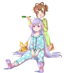  2girls :d absurdres adjusting_hair alternate_costume alternate_hairstyle braid brown_eyes brown_hair candy_rimo collarbone comb commentary_request full_body genshin_impact hair_between_eyes hair_down hair_ornament highres holding holding_comb jiangshi kneeling long_hair long_sleeves looking_at_viewer multiple_girls ofuda pajamas purple_eyes purple_hair qiqi_(genshin_impact) sidelocks simple_background sitting sleepy smile socks sparkle spread_legs twin_braids twintails very_long_hair white_background yaoyao_(genshin_impact) yuegui_(genshin_impact) zzz 