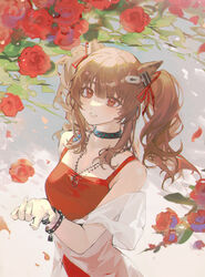  angelina_(arknights) angelina_(summer_flower)_(arknights) animal_ears arknights bare_shoulders bracelet brown_eyes brown_hair casual_one-piece_swimsuit chinese_commentary commentary_request female flower fox_ears fox_girl highres infection_monitor_(arknights) jewelry kaekaeki long_hair necklace official_alternate_costume one-piece_swimsuit parted_lips rose solo swimsuit swimsuit_cover-up twintails 