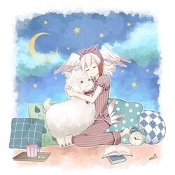  alarm_clock alpaca alternate_costume barefoot bird_tail bird_wings book bow clock closed_eyes cloud commentary_request crescent_moon female hairbow head_wings hug japanese_crested_ibis_(kemono_friends) kemono_friends kneeling moon multicolored_hair neck_ribbon night night_sky pajamas pillow puffy_short_sleeves puffy_sleeves purple_ribbon red_hair ribbon short_hair short_sleeves sidelocks sky sleepwear solo star_(sky) striped_clothes striped_pajamas tail uzuki_machi white_hair wings 