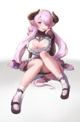  black_footwear braid breasts cementite cleavage cleavage_cutout clothing_cutout draph female finger_to_mouth full_body granblue_fantasy hair_over_one_eye heart_cutout highres horns large_breasts light_purple_hair long_hair long_sleeves mary_janes narmaya_(granblue_fantasy) narmaya_(valentine)_(granblue_fantasy) official_alternate_costume panties pantyshot pointy_ears purple_hair shoes single_braid sitting sleeves_past_wrists socks solo underwear very_long_hair white_socks 