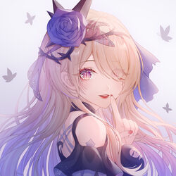  bare_shoulders blonde_hair blue_flower blue_rose breasts bug butterfly chinese_commentary choker commentary_request covered_eyes eyes_visible_through_hair female finger_to_mouth flower hair_flower hair_ornament hair_over_one_eye highres honkai_(series) honkai_impact_3rd large_breasts long_hair looking_at_viewer looking_back mole mole_under_eye nail_polish nalukikiki parted_lips pink_eyes purple_eyes rita_rossweisse rita_rossweisse_(fallen_rosemary) rose solo thorns white_background 