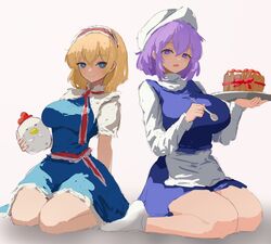  2girls alice_margatroid apron bird blue_dress breasts cake chicken commentary_request dress food frilled_hairband frills full_body hairband highres holding holding_spoon large_breasts letty_whiterock lolita_hairband looking_at_viewer moriforest1040 multiple_girls open_mouth purple_eyes purple_hair red_hairband seiza short_hair simple_background sitting spoon touhou white_apron white_headwear 