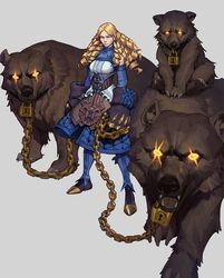  bare_shoulders bear blonde_hair chains detached_sleeves drill female glowing glowing_eyes goldilocks goldilocks_and_the_three_bears grey_background highres ian_su long_hair oversized_gloves parted_lips scar scar_across_eye scar_on_face simple_background smile standing 