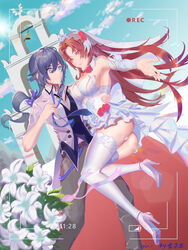  2girls absurdres armpits ass black_hair blue_hair blue_necktie blue_sky breasts bridal_veil bride cleavage closed_mouth cloud cloudy_sky dress flower fu_hua fu_hua_(night_squire) full_body grey_pants high_heels highres honkai_(series) honkai_impact_3rd jacket lipstick long_hair looking_at_viewer makeup mikuandalice multiple_girls murata_himeko murata_himeko_(blood_rose) necktie outdoors panties pants ponytail red_flower red_hair red_rose rose sky sleeves_rolled_up smile thighhighs underwear veil viewfinder wedding_dress white_dress white_flower white_jacket white_legwear white_panties white_sleeves wife_and_wife yellow_eyes yuri 