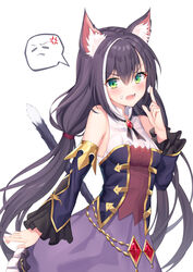  absurdres angel_no_shousou anger_vein animal_ear_fluff animal_ears bare_shoulders black_hair blush breasts cat_ears cat_girl cat_tail cowboy_shot detached_sleeves dress female food food_on_face food_on_hand frilled_sleeves frills gem green_eyes hair_tie highres index_finger_raised karyl_(princess_connect!) long_hair long_sleeves low_twintails multicolored_clothes multicolored_dress multicolored_hair oerba_yun_fang open_mouth pout princess_connect! red_gemstone simple_background small_breasts solo spoken_anger_vein streaked_hair tail twintails v-shaped_eyebrows very_long_hair white_background white_hair 