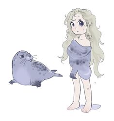  2021 celtic_mythology dokudrinker duo european_mythology female feral front_view hair humanoid long_hair mammal marine mythological_creature mythological_marine mythology pinniped seal selkie simple_background standing tagme white_background young 