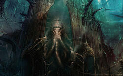  architecture black_eyes bubble claws cthulhu cthulhu_mythos fish gate hammerhead_shark highres impaled monster non-web_source ruins scenery shark spikes stairs tentacle tower underwater 