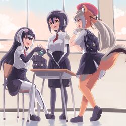  3girls absurdres african_penguin_(kemono_friends) animal_costume animal_ears black_hair fox_ears fox_girl fox_tail gloves grey_hair hat highres humboldt_penguin_(kemono_friends) island_fox_(kemono_friends) jacket kemono_friends kemono_friends_v_project long_hair multicolored_hair multiple_girls necktie open_mouth pantyhose penguin_costume penguin_tail sawara_noa school_uniform shirt shoe_soles shoes short_hair skirt smile tail twintails virtual_youtuber 