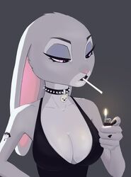  2022 5_fingers anthro black_lips breasts cigarette cigarette_in_mouth clothed clothing collar disney eyebrows eyelashes female fingers fur grey_body grey_breasts grey_ears grey_fur hi_res judy_hopps kinhey lagomorph leporid lighter lips mammal mouth_hold object_in_mouth pink_eyes pink_inner_ear pink_nose pupils rabbit smoking solo spiked_collar spikes zootopia 