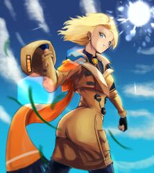  absurdres android_18 ass black_gloves black_legwear blonde_hair blue_eyes blue_sky brown_coat cheymix clenched_hand coat commentary cosplay day dragon_ball dragon_ball_z earrings english_commentary female fingerless_gloves gloves guilty_gear guilty_gear_strive hat highres holding holding_clothes holding_hat jewelry lens_flare lens_flare_abuse looking_at_viewer millia_rage millia_rage_(cosplay) orange_scarf pantyhose scarf short_hair sky smile solo sun teeth twisted_torso unworn_hat unworn_headwear 