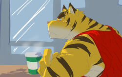  2023 anthro biceps blue_eyes blush blush_lines brown_stripes clothing coffee_cup colored container crossed_arms cup eyebrows felid frown fur furniture hi_res male mammal morenatsu multicolored_body multicolored_fur muscular muscular_anthro muscular_male pantherine red_clothing red_shirt red_tank_top red_topwear rotton shirt sitting solo steam striped_body striped_fur stripes table tan_body tan_fur tank_top thick_eyebrows tiger topwear torahiko_(morenatsu) window yellow_body yellow_fur 