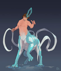  2023 5_fingers blue_body blue_fur brown_hair claws deesketchs digital_media_(artwork) digitigrade eyebrows fingers fur generation_2_pokemon gradient_background green_eyes hair hi_res humanoid_taur legendary_pokemon looking_down male nintendo nipples nude nude_taur open_mouth pokemon pokemon_(species) pokemon_taur quadruped simple_background solo split_form standing suicune taur teeth tongue transformation white_body white_claws white_fur 