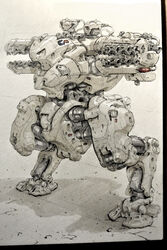  absurdres english_commentary highres looking_ahead marker_(medium) mecha michal_kus no_arms no_humans non-humanoid_robot original railgun reverse-jointed_legs robot science_fiction solo standing traditional_media walker_(robot) 