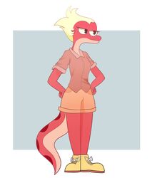  2021 amphibia_(series) amphibian anthro arkeus blonde_hair bottomwear clothing disney female general_yunan hair hi_res newt red_body salamander shorts solo 