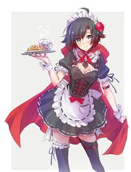  alternate_costume apron belt belt_buckle black_dress black_hair black_thighhighs breasts bridal_garter buckle cape choker cleavage cloak collarbone cookie corset cup dress enmaided eyes_visible_through_hair feet_out_of_frame female flower food frilled_apron frilled_dress frills gradient_hair grey_eyes hair_between_eyes hair_flower hair_ornament highres holding holding_tray hood hooded_cloak iesupa legwear_garter looking_at_viewer maid maid_apron maid_headdress multicolored_hair plate puffy_short_sleeves puffy_sleeves red_cape red_hair ruby_rose rwby short_hair short_sleeves single_legwear_garter skirt small_breasts smile solo standing thigh_strap thighhighs tray two-tone_hair waist_apron white_apron wrist_cuffs zettai_ryouiki 