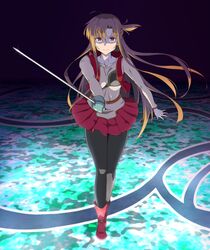  asuna_(sao) black_legwear boots brown_eyes brown_hair cape cloak female fingerless_gloves full_body gloves holding holding_sword holding_weapon long_hair looking_at_viewer miniskirt pleated_skirt puge rapier red_cloak red_footwear red_skirt skirt sword sword_art_online sword_art_online_progressive unsheathed very_long_hair weapon 