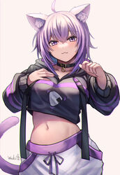  :3 ahoge animal_ear_fluff animal_ears black_hoodie blush breasts cat_ears cat_girl cat_tail closed_mouth collar collarbone cowboy_shot crop_top drawstring female food food_print hand_on_own_chest highres hololive hood hood_down hoodie large_breasts long_sleeves looking_at_viewer midriff navel nekomata_okayu nekomata_okayu_(1st_costume) onigiri pants purple_eyes purple_hair short_hair signature simple_background smile solo stomach tail track_pants virtual_youtuber white_background white_pants wszkii 