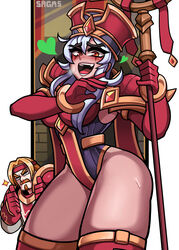  1boy armor blonde_hair blood blush breasts facial_hair facial_mark female goatee hat heart heroes_of_the_storm highleg highleg_leotard highres human_(warcraft) large_breasts laughing leotard long_hair nosebleed ojou-sama_pose pauldrons red_eyes renault_mograine sagas293 sally_whitemane shoulder_armor skindentation solo_focus staff sweatdrop thick_thighs thighhighs thighs thumbs_up warcraft white_hair world_of_warcraft 