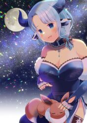  :d alternate_breast_size animal_ears bare_shoulders black_thighhighs blue_dress blue_eyes blue_hair blue_sleeves breasts cleavage commentary_request commission cow_ears cow_girl cow_horns cow_tail crossover detached_sleeves dress eevee female full_moon horns indie_virtual_youtuber kou_hiyoyo lace-trimmed_dress lace_trim large_breasts miilkywayz moon night night_sky parted_bangs pokemon pokemon_(creature) see-through skeb_commission sky sleeves_past_wrists smile star_(sky) starry_sky strapless strapless_dress tail thighhighs virtual_youtuber 