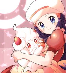  alcremie alcremie_(strawberry_sweet) apron blue_eyes blush character_name closed_mouth commentary_request cupcake dawn_(palentine&#039;s_2021)_(pokemon) dawn_(pokemon) dress eyelashes female food hair_ornament hairclip hat highres holding holding_pokemon long_hair looking_at_viewer official_alternate_costume okoge_(simokaji) pokemon pokemon_(creature) pokemon_masters_ex red_dress shiny short_sleeves signature smile star_(symbol) 