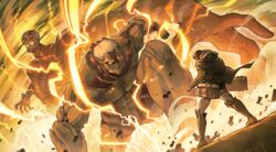  3boys absurdres armored_titan bald battle boots capelet colossal_titan debris electricity eren_yeager exposed_muscle fighting_stance foreshortening giant giant_male glowing glowing_eyes gofa highres knee_boots looking_at_another male_focus monster multiple_boys scene_reference serious shingeki_no_kyojin short_hair sky three-dimensional_maneuver_gear titan_(shingeki_no_kyojin) 