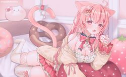  animal_ears breasts cardigan cat_ears cat_girl cat_tail commission doughnut doughnut-shaped_pillow female food highres indie_virtual_youtuber koito_amuno large_breasts long_hair long_sleeves looking_at_viewer miniskirt multicolored_hair off-shoulder_shirt off_shoulder open_cardigan open_clothes pillow pink_eyes pink_hair pink_skirt pleated_skirt pretzel shirt skeb_commission skirt strawberry-shaped_pillow streaked_hair suzuho_hotaru tail thighhighs virtual_youtuber white_shirt white_thighhighs zettai_ryouiki 