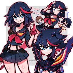  2girls black_hair bob_cut breasts highres kill_la_kill mankanshoku_mako matoi_ryuuko midriff multicolored_hair multiple_girls navel pleated_skirt red_hair revealing_clothes school_uniform scissor_blade_(kill_la_kill) senketsu serafuku short_hair skirt streaked_hair suspenders touyarokii underboob 