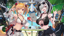  2girls amiya_(arknights) animal_ear_fluff animal_ears arknights bare_arms bare_shoulders bikini black_bikini black_hair blonde_hair breasts character_doll cleavage clothes_around_waist commentary doctor_(arknights) eyewear_on_head feater_(arknights) front-tie_bikini_top front-tie_top grey_hair hair_ornament hair_over_one_eye hand_up highres ifrit_(arknights) ifrit_(sunburn)_(arknights) indoors jacket jacket_around_waist kal&#039;tsit_(arknights) large_breasts long_sleeves medium_breasts miniskirt multicolored_hair multiple_girls navel oerba_yun_fang off_shoulder official_alternate_costume open_clothes open_jacket panda_ears pleated_skirt red_eyes short_hair skin_fang skirt sora_(arknights) sora_(summer_flowers)_(arknights) stomach streaked_hair sunglasses swimsuit tail toyoharu twintails upper_body v white_bikini white_jacket white_skirt wolf_ears 