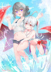  2girls :o artist_name barefoot bikini bikini_under_clothes black_bikini blue_sky blush breast_press breasts building cleavage cloud collarbone commentary_request day denim denim_shorts flat_chest flat_chest_grab floating flower full_body grabbing grey_hair groin hair_between_eyes hair_ribbon halterneck hand_on_another&#039;s_thigh highres kana_ami large_breasts lens_flare long_hair looking_at_another micro_shorts midriff multiple_girls navel off-shoulder_shirt off_shoulder open_fly open_mouth oppai_loli original outdoors ponytail purple_eyes red_eyes red_ribbon red_shawl ribbon see-through shawl shirt short_sleeves shorts sidelocks sky sparkle splashing swimsuit tied_hair tied_shirt typo water water_drop wet wet_clothes wet_shirt white_bikini white_hair yuri 