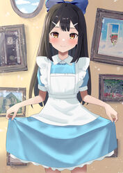  alice_(alice_in_wonderland) alice_(alice_in_wonderland)_(cosplay) alice_in_wonderland black_hair blush breasts brown_eyes commentary_request cosplay fate/grand_order fate/kaleid_liner_prisma_illya fate_(series) female fujimaru_ritsuka_(female) hair_ornament hairclip highres indoors long_hair looking_at_viewer miyu_edelfelt pan_korokorosuke riyo_(lyomsnpmp)_(style) small_breasts smile solo 