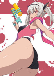  ahoge ass black_hairband blush breasts commentary_request competition_swimsuit female from_side grey_hair hair_between_eyes hair_ornament hairband highleg highleg_swimsuit highres holding holding_water_gun looking_at_viewer looking_to_the_side matsukai_mao nakamura_yukitoshi nijisanji oerba_yun_fang one-piece_swimsuit open_mouth purple_background purple_eyes purple_scarf scarf small_breasts solo swimsuit tan twintails two-tone_background virtual_youtuber water_gun white_background 