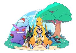  1boy baseball_cap black_hair blue_jacket closed_eyes commentary_request dododo_dadada dracovish dragonite galarian_farfetch&#039;d gengar grass hat jacket lucario male_focus on_lap pikachu pokemon pokemon_(anime) pokemon_(creature) pokemon_journeys pokemon_on_lap satoshi_(pokemon) shirt shoes short_sleeves shorts sitting sleeveless sleeveless_jacket smile t-shirt teeth tree white_shirt 