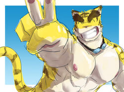  2023 abs anthro brown_stripes colored eyebrows eyewear felid fur gesture goggles grin hand_gesture hi_res male mammal morenatsu mostly_nude multicolored_body multicolored_fur muscular muscular_anthro muscular_male nipples pantherine pawpads pecs rotton smile solo striped_body striped_fur stripes tan_body tan_fur thick_eyebrows tiger torahiko_(morenatsu) v_sign yellow_body yellow_fur 