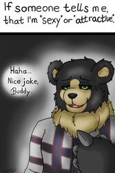  2:3 anthro bear black_body black_fur claws clothing darknetic depression digital_media_(artwork) english_text flannel_shirt fluffy fur green_eyes hi_res inferiority_complex kuma_(darknetic) male mammal message neck_tuft self_doubt simple_background solo teeth text tongue tuft yellow_body yellow_fur 