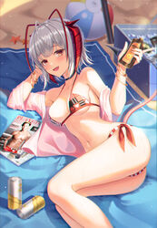  :d absurdres ahoge antennae arknights ball bangle bare_legs bare_shoulders beach_towel beachball bikini black_choker blush bracelet breasts brown_eyes can choker commentary_request cooler fall_(aki) feet_out_of_frame female grey_hair highres holding horns jewelry korean_commentary looking_at_viewer lying magazine_(object) medium_breasts navel oerba_yun_fang off_shoulder on_side open_mouth short_hair side-tie_bikini_bottom smile solo stomach swimsuit thighs towel w_(arknights) 