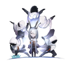  5others absurdres animal_ears arknights black_eyes bulletproof_vest cloak commentary_request female frostnova_(arknights) fur-trimmed_hood fur_trim gloves grey_hair hair_over_one_eye highres hood hooded_cloak looking_at_viewer multiple_others pose rabbit_ears rabbit_girl reunion_soldier_(arknights) scar scar_on_face scar_on_nose white_background ya_lei_wusheng 