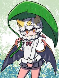  animal_ears bat_ears bat_girl bat_wings bodystocking bow bowtie chibi day eyelashes female fur-trimmed_sleeves fur-trimmed_sweater fur_collar fur_trim giant_leaf hair_ornament hand_up head_wings highres holding holding_leaf honduran_white_bat_(kemono_friends) kemono_friends kotobuki_(tiny_life) leaf leaf_umbrella long_sleeves looking_at_viewer medium_hair microskirt oerba_yun_fang outdoors outstretched_arm parted_lips plaid plaid_skirt red_eyes skirt solo sweater water_drop wet white_hair wings yellow_pupils 