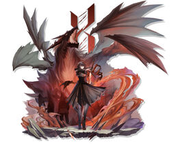  2others absurdres arknights black_dress commentary_request dragon dragon_girl dragon_horns dragon_tail dragon_wings dress elite_ii_(arknights) female fire highres horns long_sleeves long_sword multiple_others originium_arts_(arknights) reunion_logo_(arknights) reunion_soldier_(arknights) sharp_teeth sword tail talulah_(arknights) teeth weapon white_background wings ya_lei_wusheng 