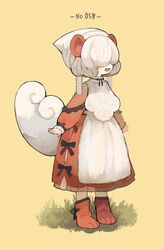  :d absurdres animal_ears boots bow dress female full_body grass hair_over_eyes highres hisuian_growlithe long_sleeves oerba_yun_fang open_mouth personification pokedex_number pokemon sakutake_(ue3sayu) short_hair simple_background smile solo standing tail white_hair 